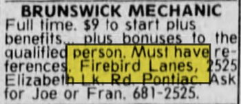 Firebird Lanes (Huron Bowl, JBs Lounge) - Apr 1987 Ad (newer photo)